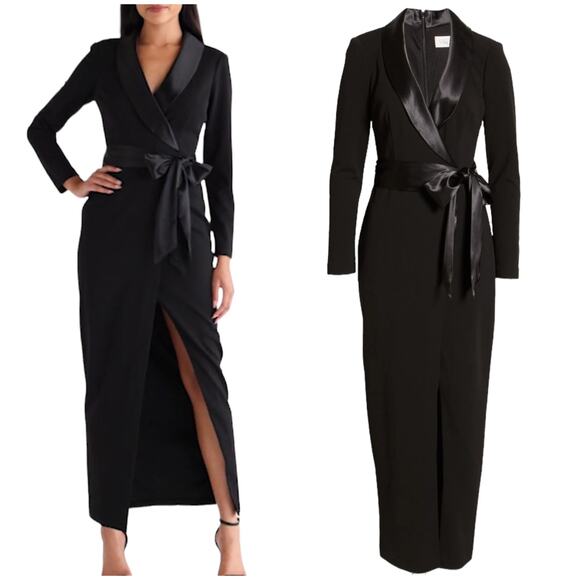 Eliza J NWT Long Sleeve Tuxedo Gown Black Size 10 Satin Lapel & Belt V-Neck - Picture 2 of 10